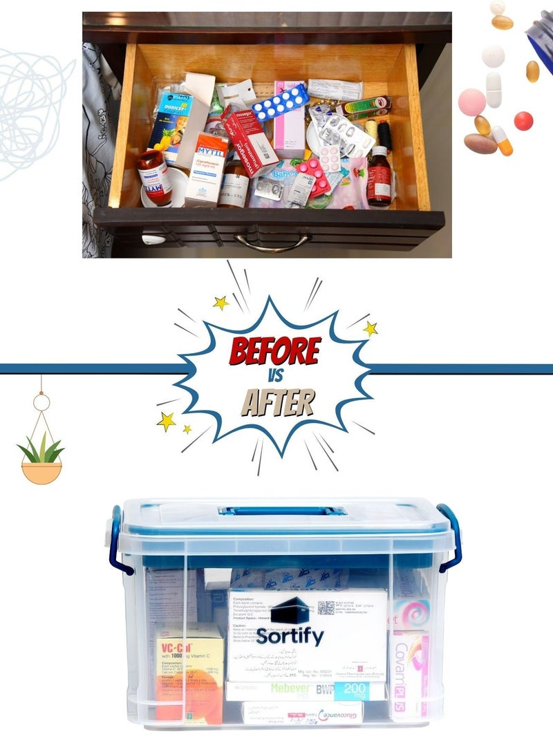 سورتيفي منظم الأدوية وصندوق التخزين، ابقَ منظمًا مع صندوق الأدوية الكبير بحجم 33x24x19 سم، صندوق إسعافات أولية بلاستيكي مزود بدرج ومقابض أمان للأطفال, لون متنوع - Image 4